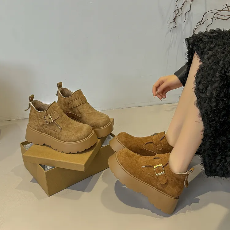 新款2025厚底保暖皮带扣中跟一脚蹬系带深口防滑乐福鞋秋冬冬季