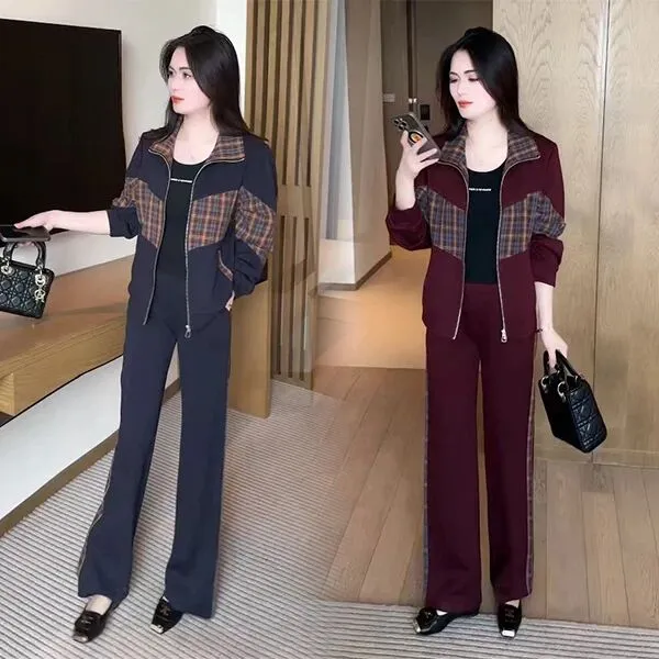 休闲运动套装女秋季新款洋气显瘦格子拼接开衫外套阔腿裤两件套潮