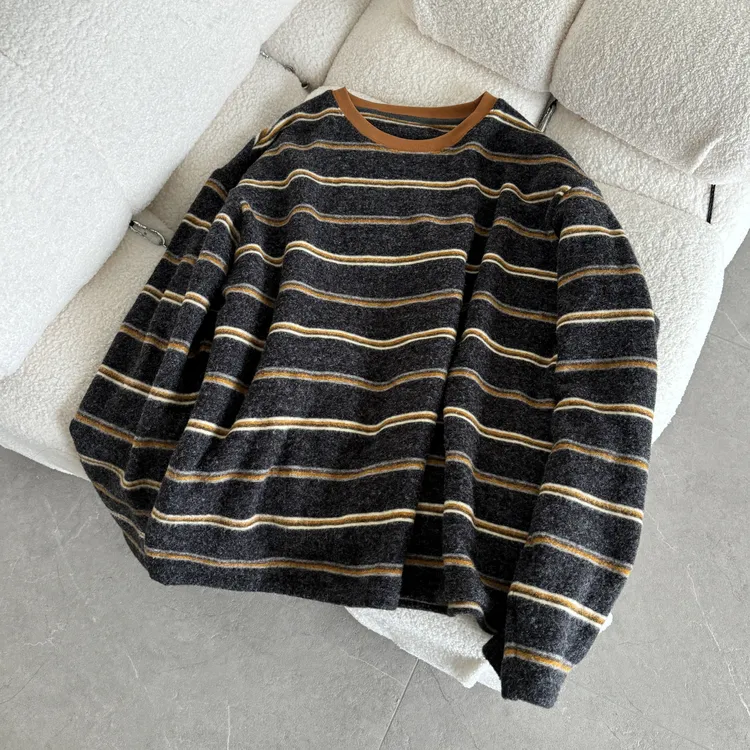 【柏林初雪】绒感韩系条纹时尚百搭磨毛打底圆领套头长袖T恤女