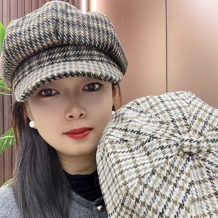 春秋冬三季款复古英伦八角帽女士韩版时尚百搭格子贝雷帽保暖帽子