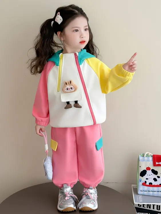 女童卡通拼色运动套装秋季2025新款洋气儿童女宝宝秋装卫衣两件套