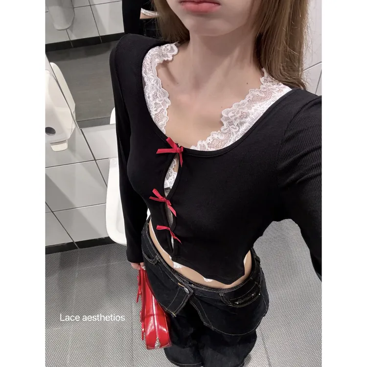 性感蝴蝶结镂空u领假两件长袖针织衫女春季新款修身短款打底上衣