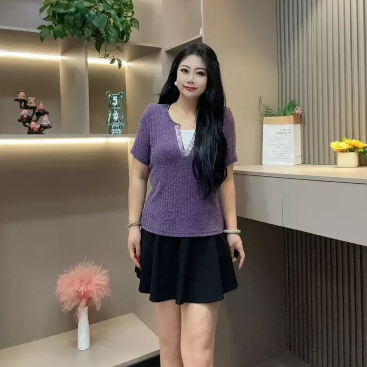 秋季半袖-千 25788 时尚舒适洋气领口休闲百搭款胖MM大码女装新款