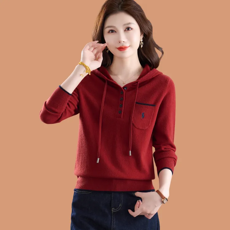 100纯羊毛衫连帽毛衣女秋冬2025新款宽松休闲卫衣抽绳打底衫上衣