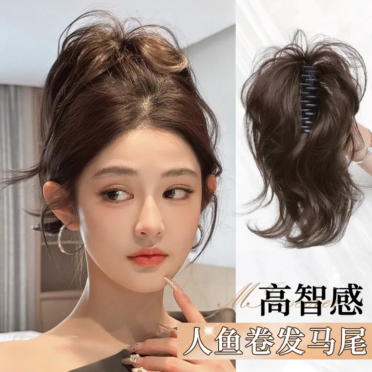 抓夹人鱼卷假发短马尾网红高颅顶喷泉假辫子高智感御姐蓬松假马尾