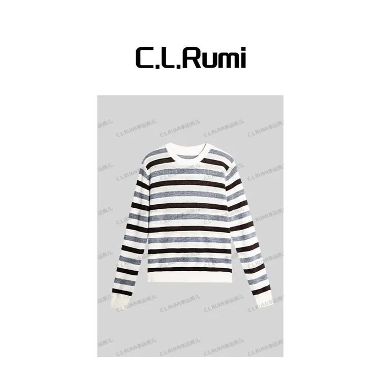 【Rumi时装】“秋风微澜”25早秋羊毛撞色条纹嵌闪圆领针织上衣7113my