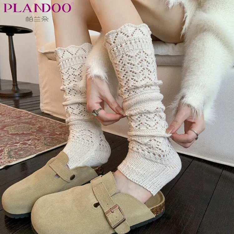 踩脚小腿袜子女针织袜套秋冬羊毛保暖镂空堆堆袜重工花边中筒袜