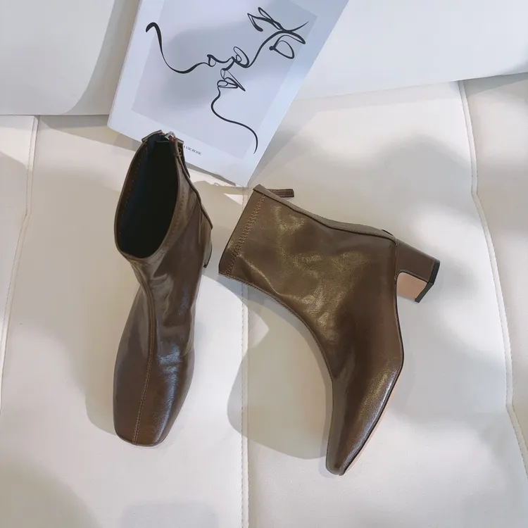 豆豆6 方头轻奢设计感棕色气质时尚短靴子女-DQ9965-09A