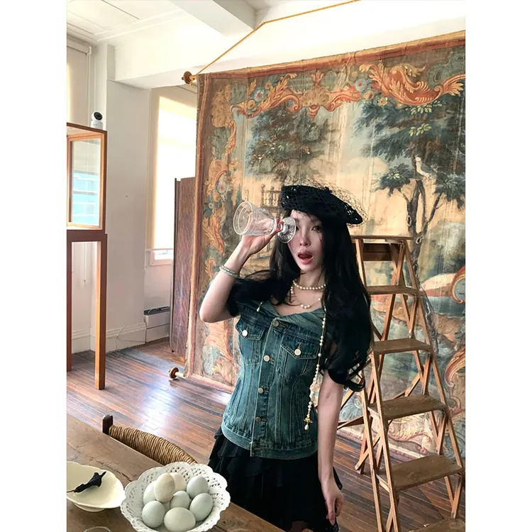 2025夏季新款茶里茶气独特牛仔一字露肩衬衫荷叶边仙女网纱裙套装