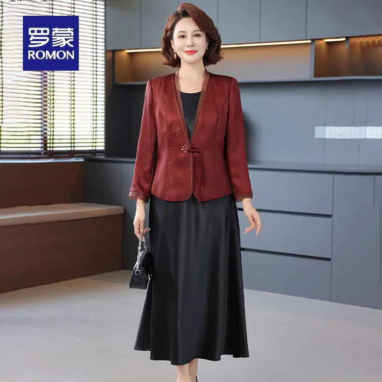 罗蒙喜婆婆婚宴装妈妈连衣裙秋装套装中老年结婚礼服洋气裙子套装