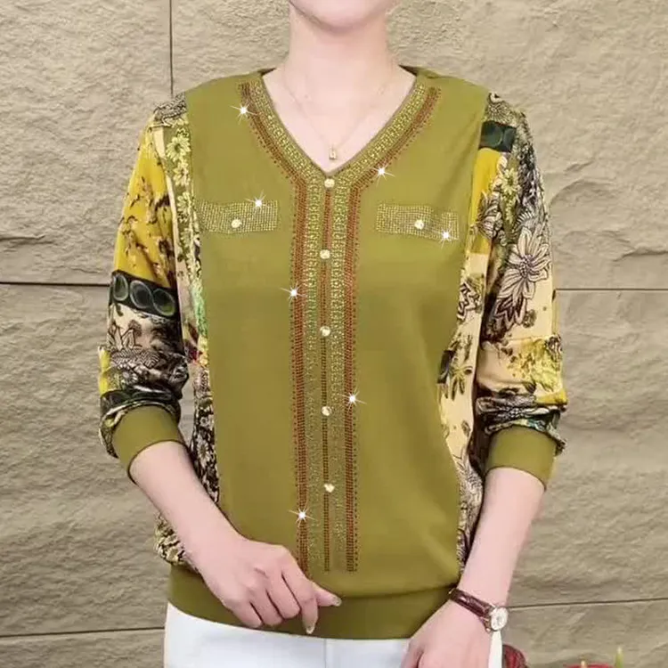 秋季新款时尚洋气高档小衫V领烫钻长袖t恤女遮肚子显瘦百搭上衣