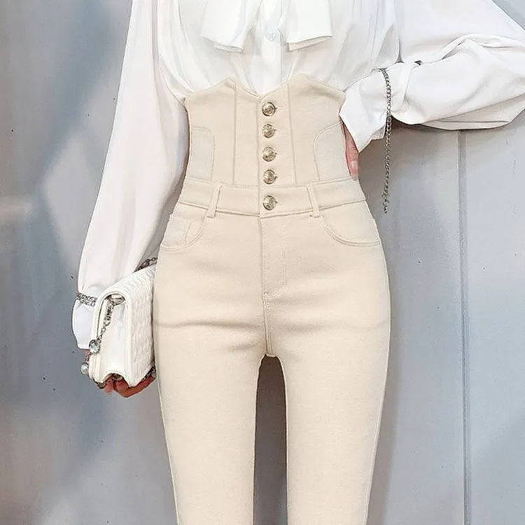 高腰米白色外穿打底裤女2025年秋冬季加绒小脚显瘦加绒围巾女冬季