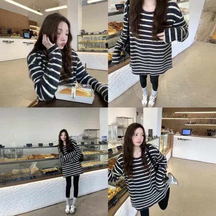 日系海魂条纹衫秋冬季保暖慵懒风毛绒软糯长袖t恤女圆领打底衫潮