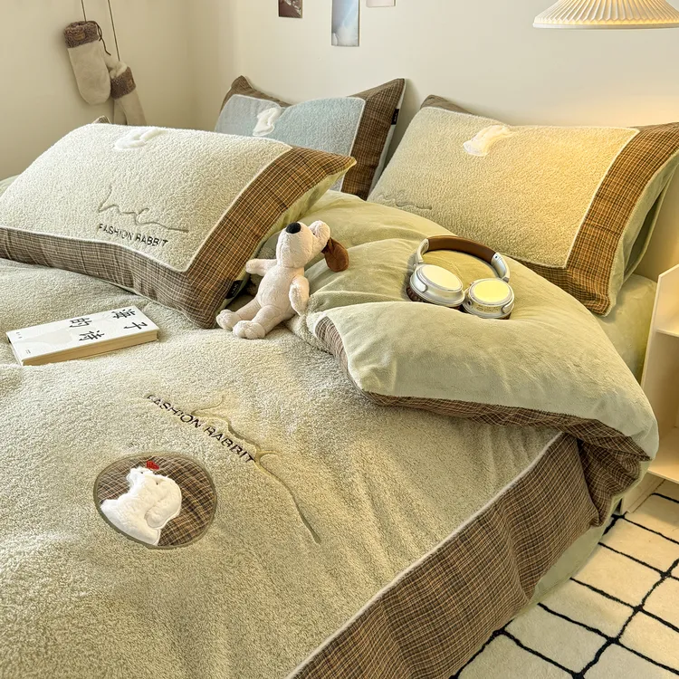 简约米粒绒牛奶绒四件套全棉双层纱宽边被套加厚双面毛绒被罩床单