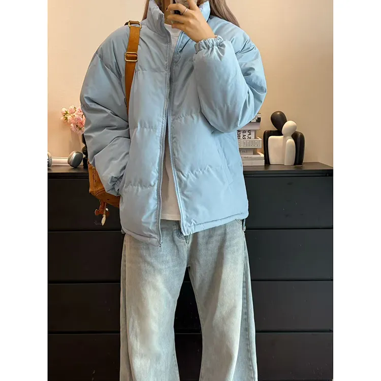 cleanfit蓝色格子拼接棉服男款冬季加厚立领面包服情侣装棉衣外套