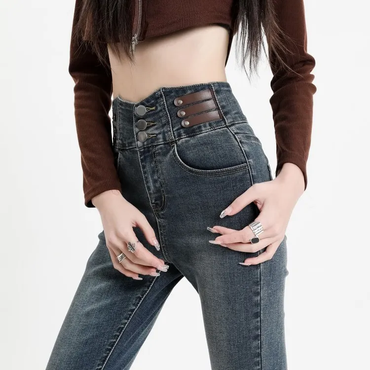 拉夏贝尔修身弹力高腰牛仔裤女款爆款2025新款辣妹紧身铅笔小脚裤