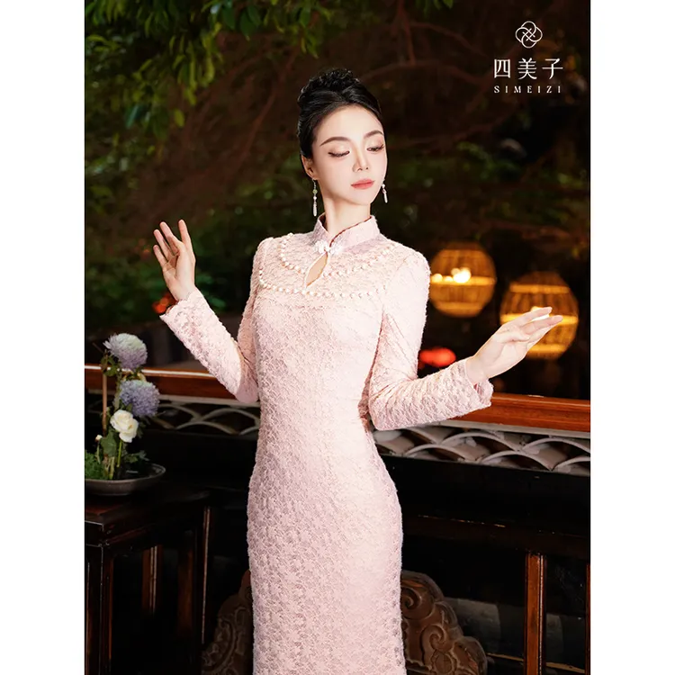 四美子【温婉】冬季加厚加绒新中式优雅温柔加毛纱蕾丝鱼尾旗袍裙