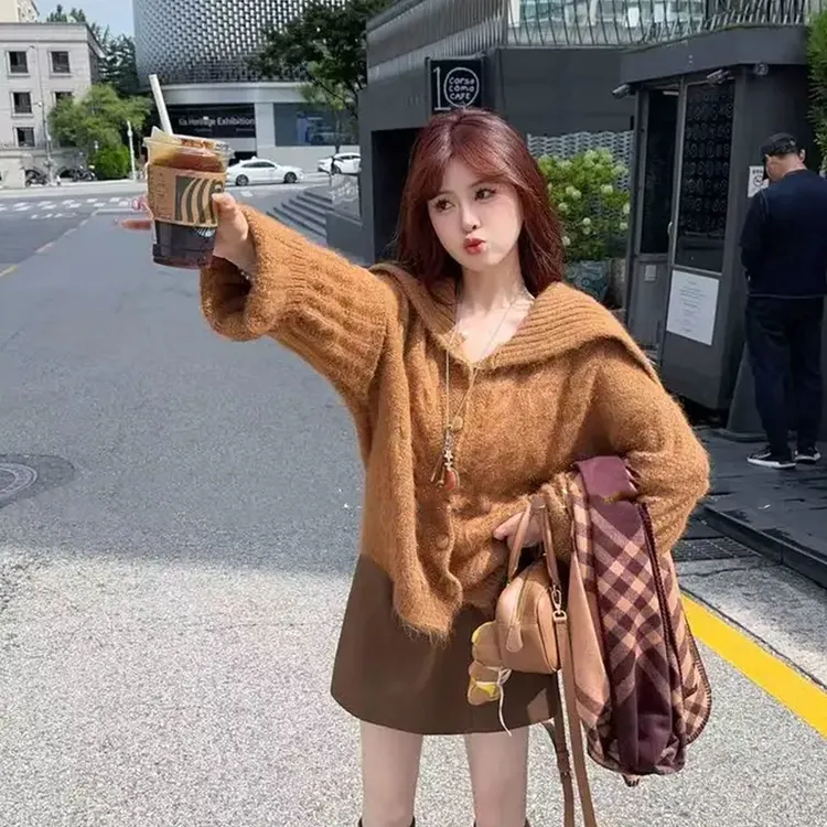 法式时尚设计感翻领针织开衫女学生秋季新款宽松高级感显瘦上衣潮