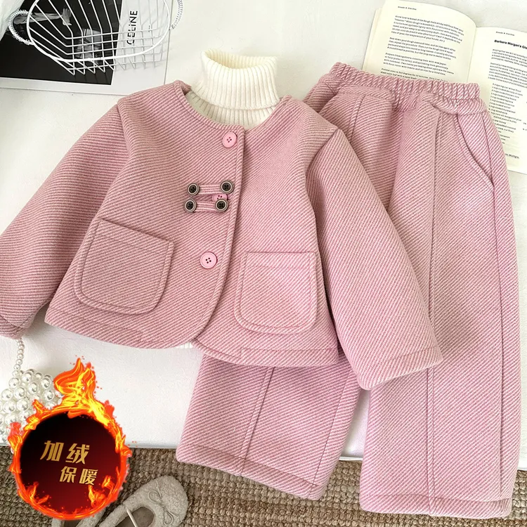 2025韩版女童加绒加厚长袖外套套装冬季新款保暖上衣长裤两件套