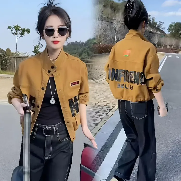 2025春季新款韩版立领字母牛仔外套女时尚休闲潮流短款上衣