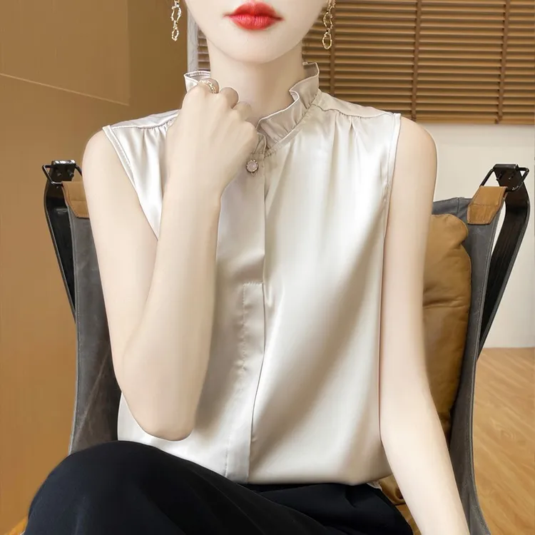 哥弟阿玛施正品醋酸真丝半高领花边砍袖背心女打底宽松内搭无袖夏