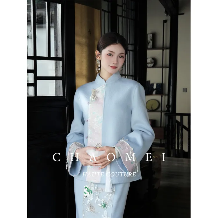 【清风渡】冯（CHAOMEI国风新中式女装双面呢冬季新款100绵羊毛套装