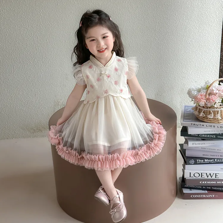 女童短袖连衣裙2025新款儿童夏装中国风洋气女宝宝夏季网纱公主裙