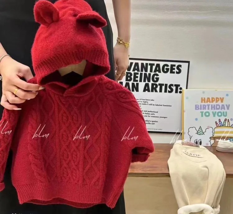 儿童韩版韩系针织红色立体小耳朵连帽衫