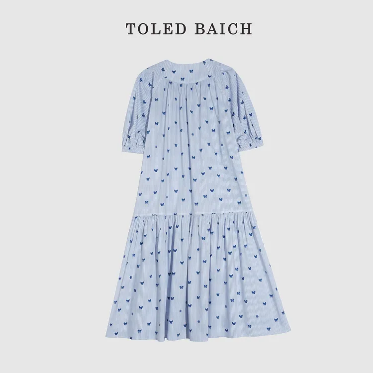 TOLEDBAICH夏季涟漪蝴蝶蓝色不褪色时尚复古宽松连衣裙BE2L0931
