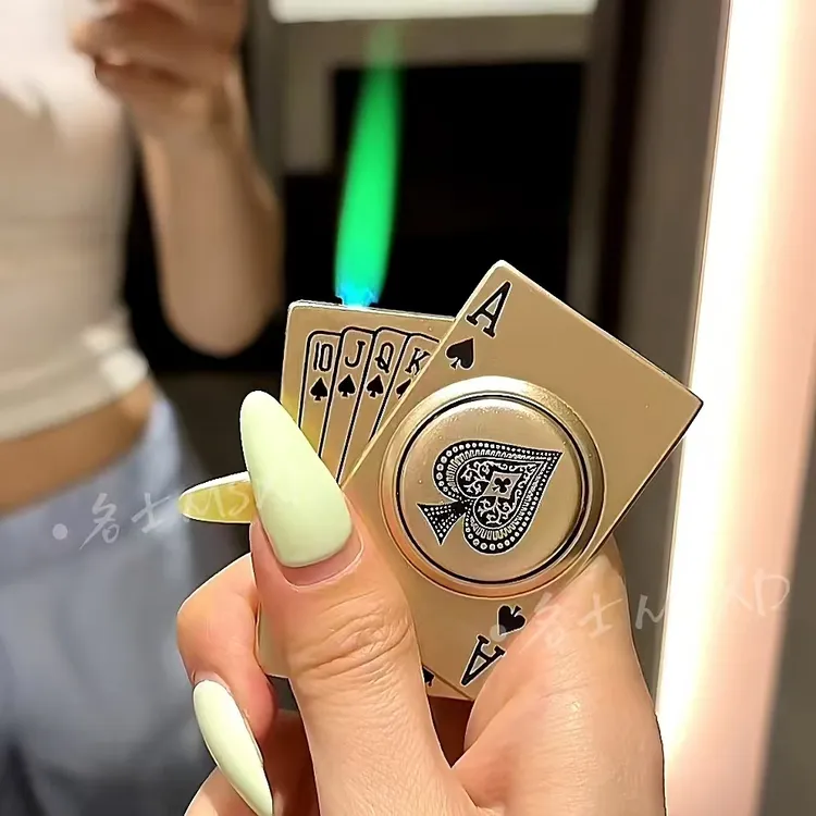 旋转侧滑扑克牌麻将造型防风打火机绿色火焰创意送女男友潮玩礼物