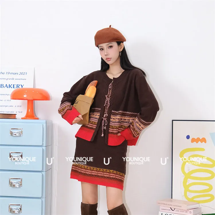 【ALWOOLS】新品26春夏复古撞色费尔岛系带针织开衫针织短裙女