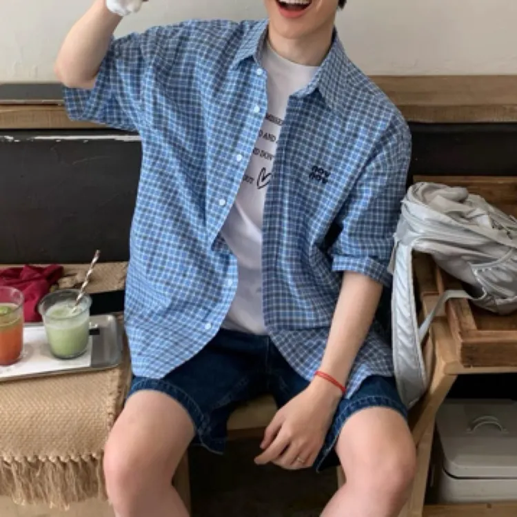 夏季新款蓝色格子衬衫男女短袖衬衫休闲百搭宽松格纹外搭衬衣潮