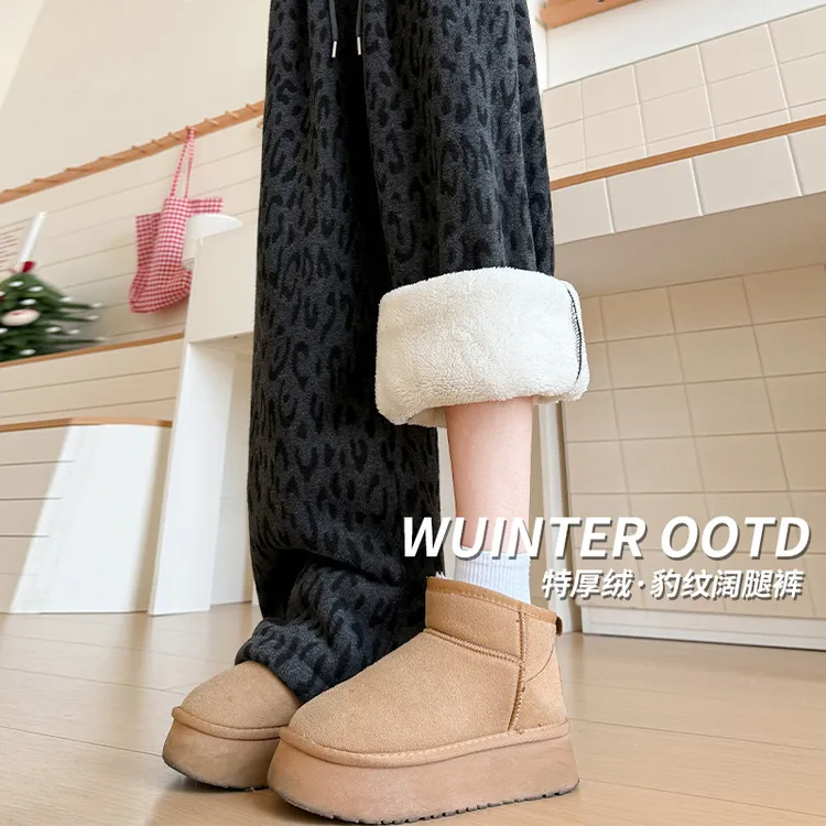 加绒加厚豹纹印花休闲裤女2025年秋冬新款高腰显瘦慵懒百搭阔腿裤