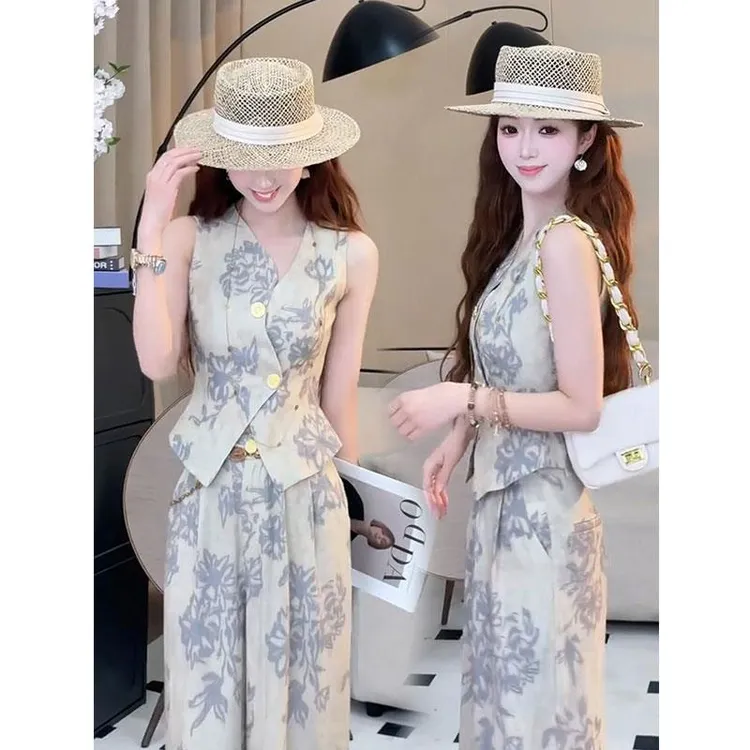 复古老钱风套装女夏季新款设计感无袖外穿马甲高腰休闲裤两件套潮