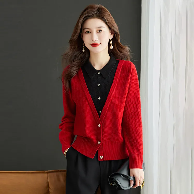 2026品牌新年本命红色假两件毛衣羊毛衫内搭翻领POLO领上衣针织衫