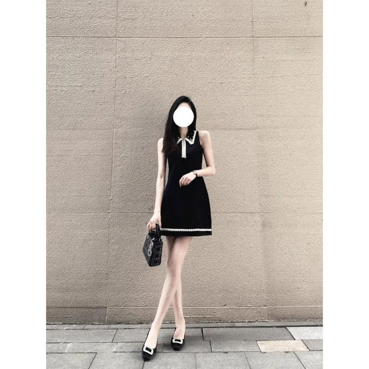 oshea 星耀黑 法式千金风连衣裙女2025新款夏季收腰显瘦重工a字裙