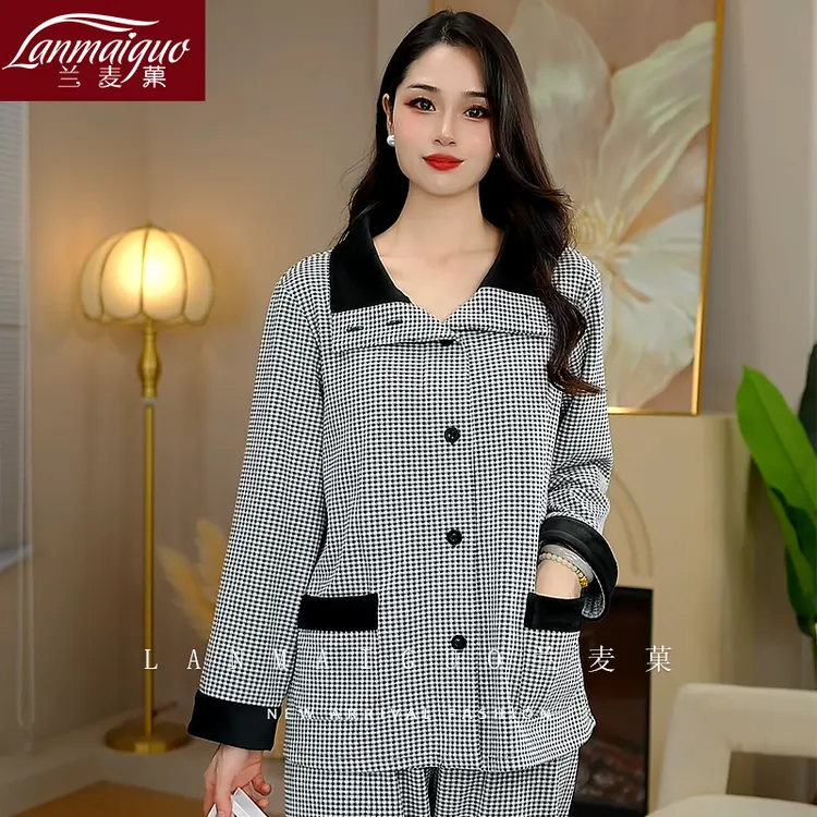 兰麦菓【黑白格德绒】加绒睡衣2025年秋冬简约风加厚保暖家居服套装