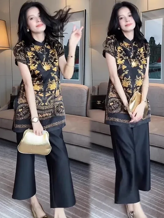 时尚套装女2025夏季新款时髦洋气新中式国风短袖上衣阔腿裤两件套