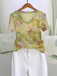 麋鹿呦呦 时尚减龄高级感印花透气网纱短袖V领打底T恤上衣1746