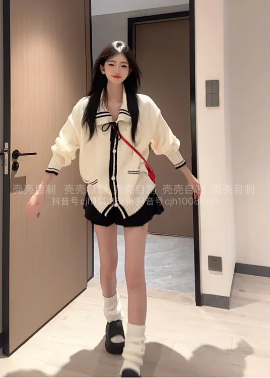 海军风系带针织开衫海军领毛衣女2025秋季法式可爱感宽松上衣