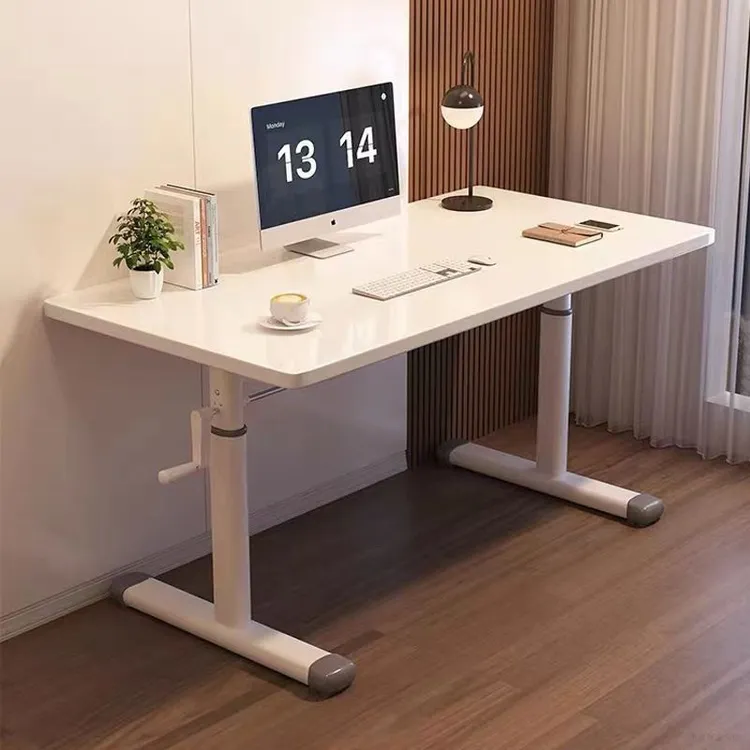 推荐【店铺热销】书桌学习桌办公桌学生可升降手摇桌白桌简约书桌