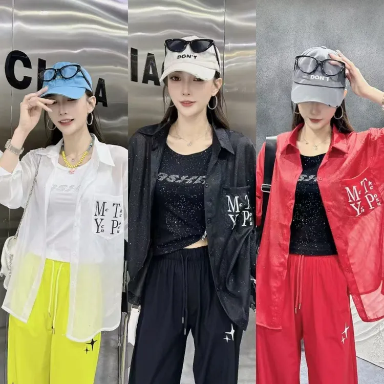 7207夏季薄款洒金雪纺纱长袖字母防晒衬衫垂感飘逸