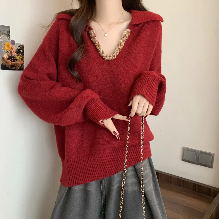 大码时尚复古红色毛衣女装冬季慵懒风软糯针织衫胖MM遮肉显瘦上衣