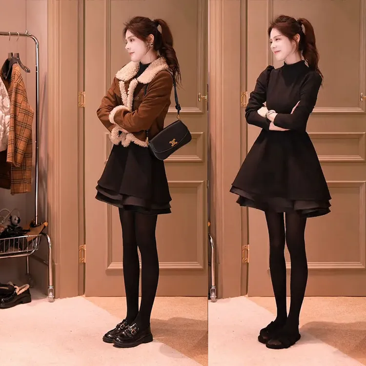 冬季超火穿搭一整套女2025新款美拉德气质短外套显瘦连衣裙两件套