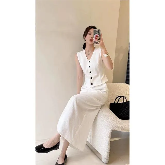重磅亚麻气质老钱风亚麻西装马甲+直筒开衩半身裙两件套套装