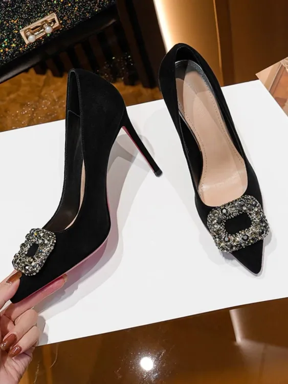 绒面钻扣红底高跟鞋女细跟2025新款秋黑色职业浅口气质设计感单鞋