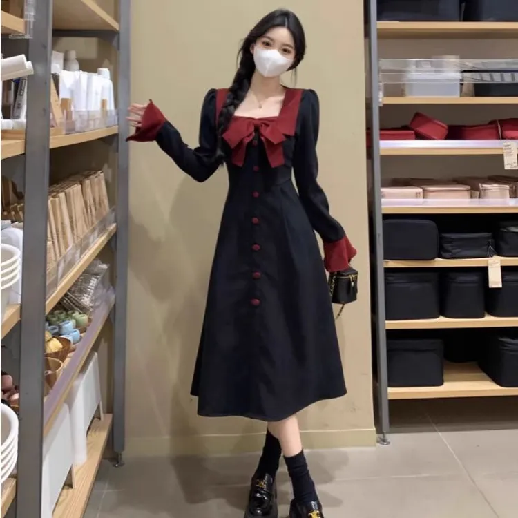 法式长袖连衣裙秋季收腰显瘦蝴蝶结长裙胖MM赫本风气质裙