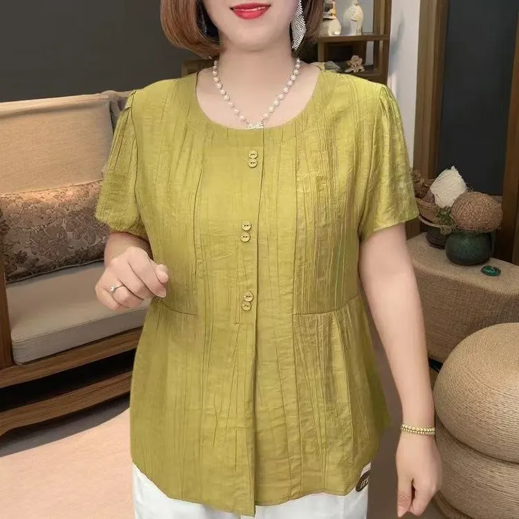 夏季新款亚麻圆领妈妈装大码遮肚显瘦