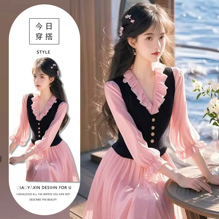 欧美纯欲显气质套装女新款2025夏季木耳边洋气连衣裙黑色收腰马甲