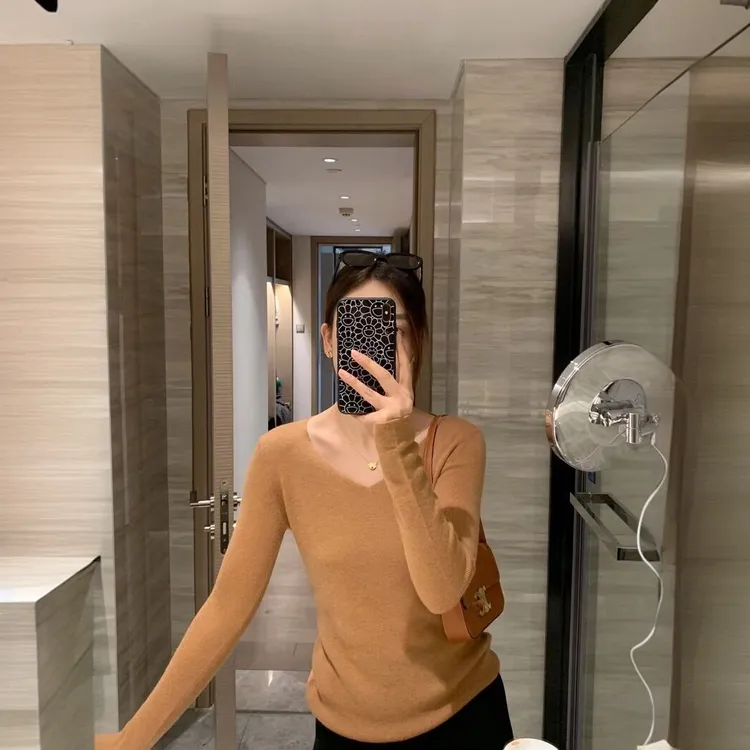 【精纺羊毛】XZ152秋冬爆款修身V领纯色针织衫长袖气质显瘦女上衣